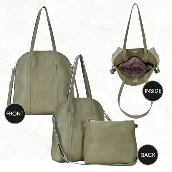 Tote Bag with Removable Zipper Pouch for Women Vegan Leather Handbag Purse OLIVE - Picture 2 of 6